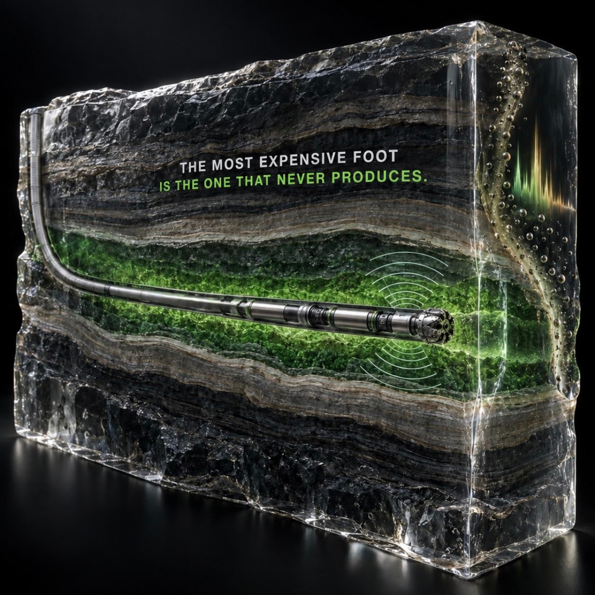 MWD Solutions campaign illustration of downhole measurement through a productive formation, with the message: The most expensive foot is the one that never produces.
